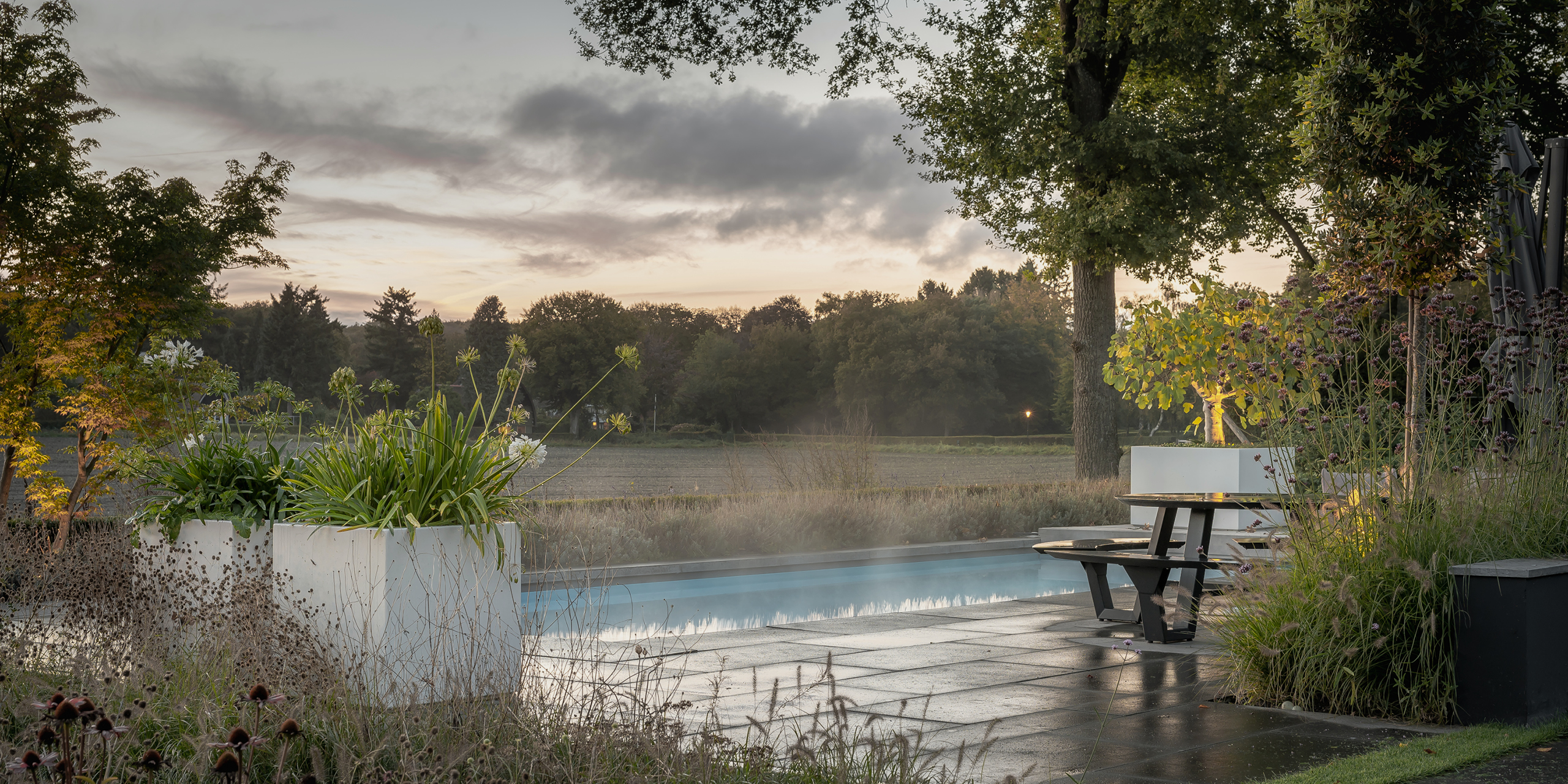 Tuin van Buytengewoon in Hoog Soeren met zwembad, terras, bloembakken, agapanthus en uitzicht op een weiland.